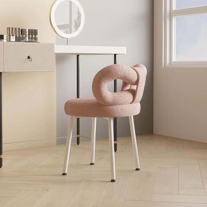 Minimalist Bow-Back Lambswool Steel Vanity Stool — White