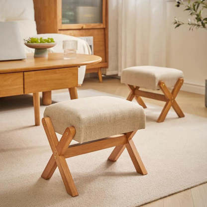 Contemporary Wood Linen X-Leg Footstool