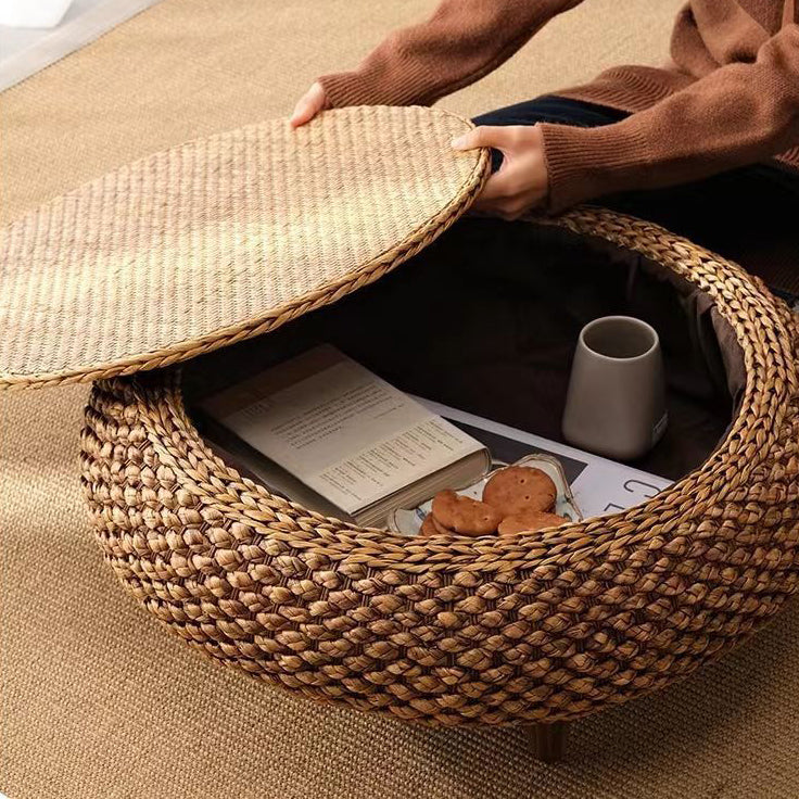 Japanese Oval Rattan Woven Wood Coffee Table — With Storage / Original Wood Color