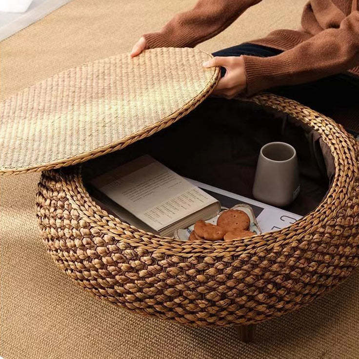 Japanese Oval Rattan Woven Wood Coffee Table — With Storage / Original Wood Color