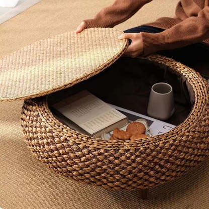 Japanese Oval Rattan Woven Wood Coffee Table — With Storage / Original Wood Color