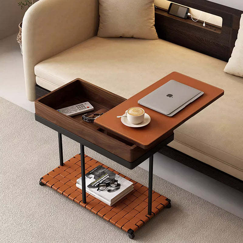 Minimalist Iron Leather Wood Rectangular End Table 1-Storage