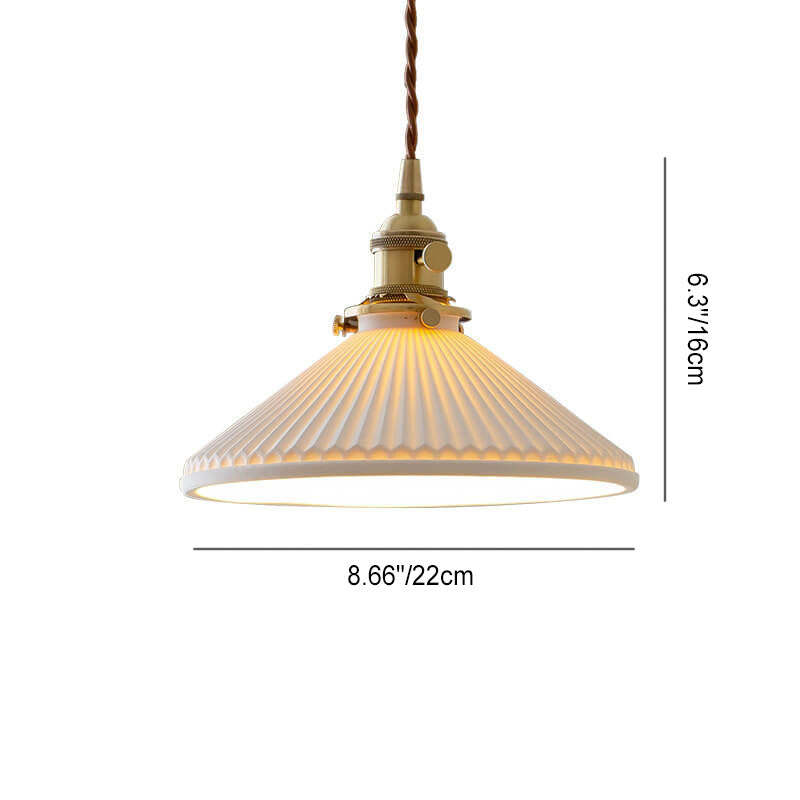 Japanese Pleated Ceramic Cone Brass Pendant Light