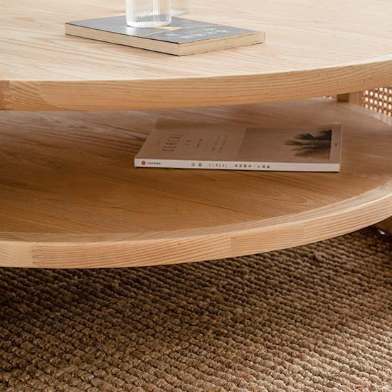 Nordic Round Wood Rattan 2-Tier Coffee Table