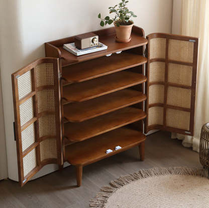 Vintage Rattan Wood 5-Tier Shoe Storage