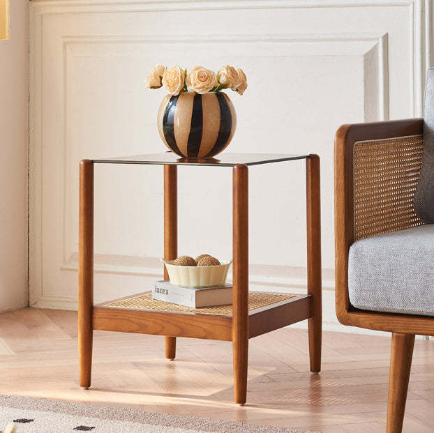 Japanese Woven Ash Wood Glass 2-Tier End Table