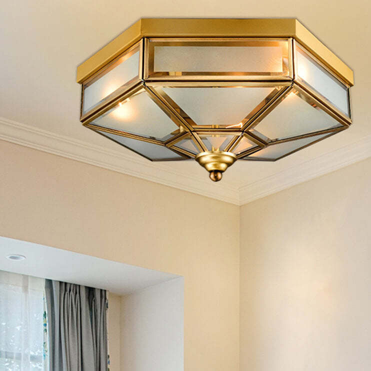 European Polygonal Copper Glass Flush Ceiling Light