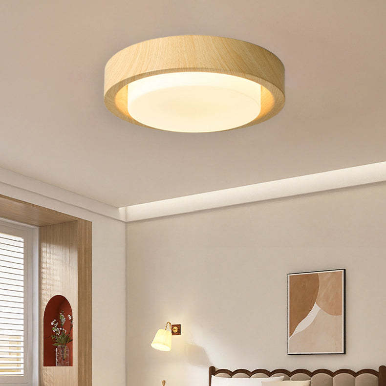 Japanese Round Glass Wood Grain LED Flush Mount Light
