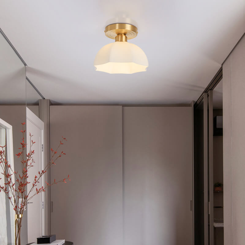 Japanese Vintage Brass Glass Dome Semi-Flush Ceiling Light