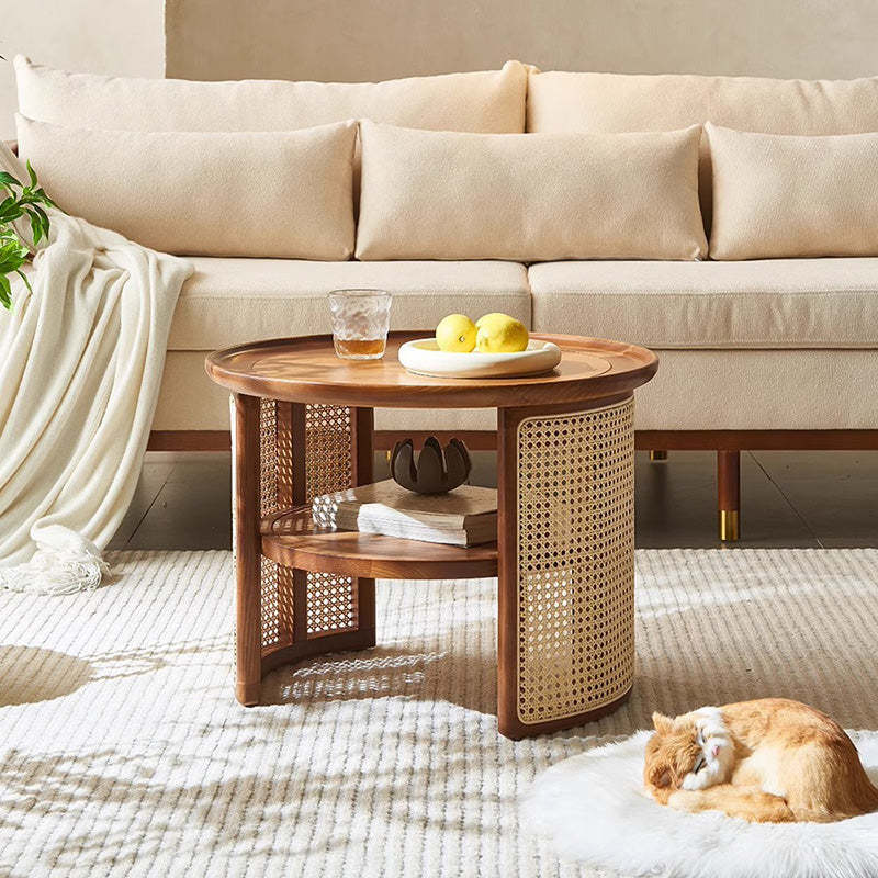 Traditional 2-tier rattan coffee tables — 17.5" H x 23.5" Dia / Walnut
