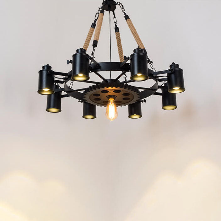 Industrial Retro Gear Wrought Iron Hemp Rope Chandelier