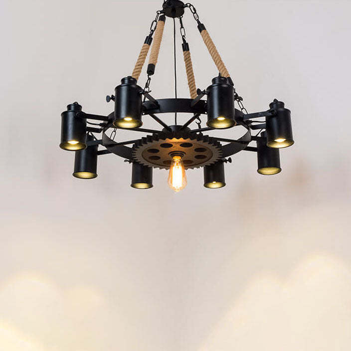 Industrial Retro Gear Wrought Iron Hemp Rope Chandelier