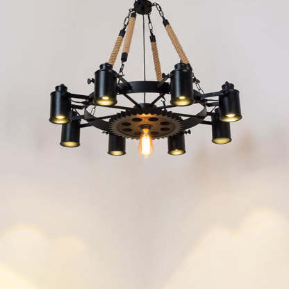 Industrial Retro Gear Wrought Iron Hemp Rope Chandelier
