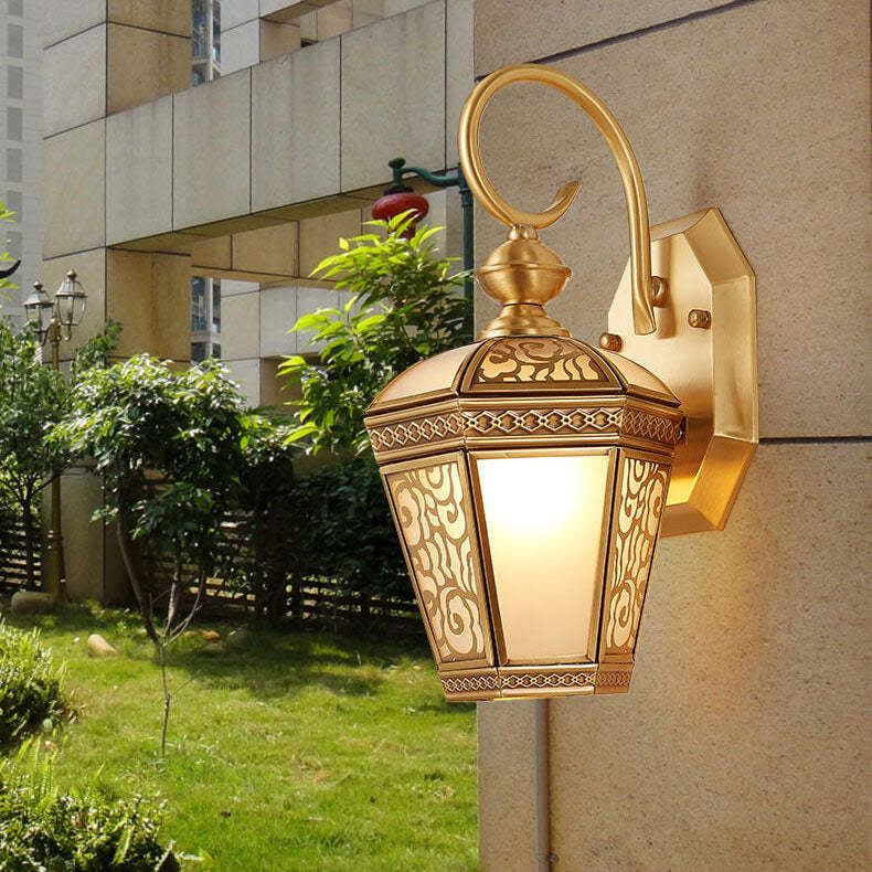 European Hexagonal Lantern Copper Glass Outdoor Wall Sconce