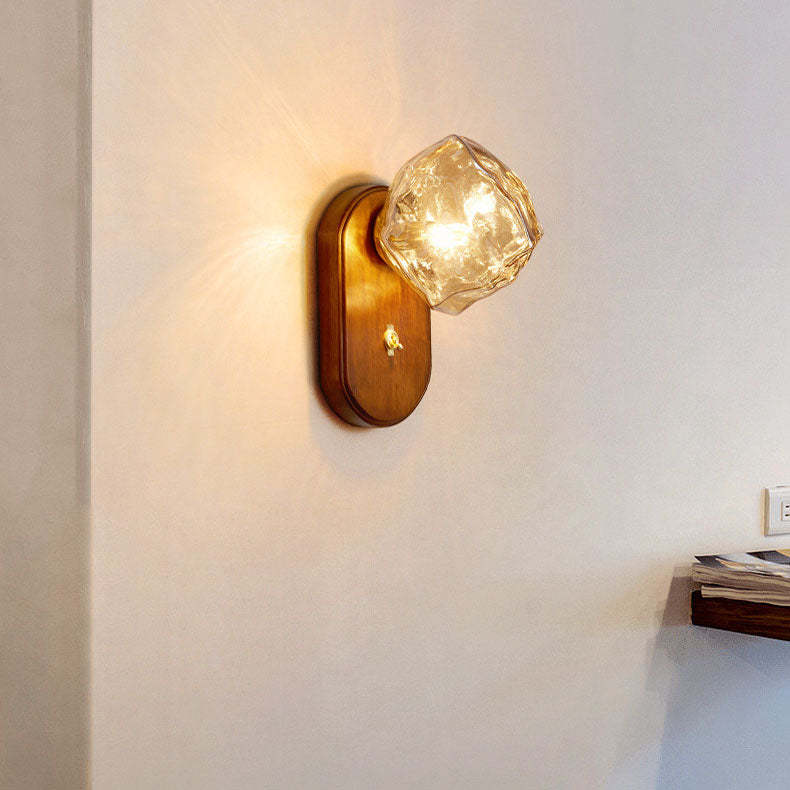 Japanese Oval Ice Cube Solid Wood Glass Sconce — Amber / 220V-240V For UK/AU