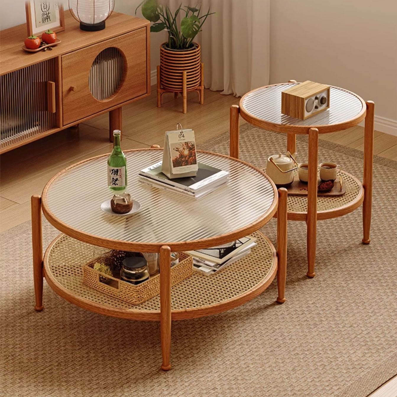 Japanese Glass Rattan Solid Wood End Table — Original Wood Color