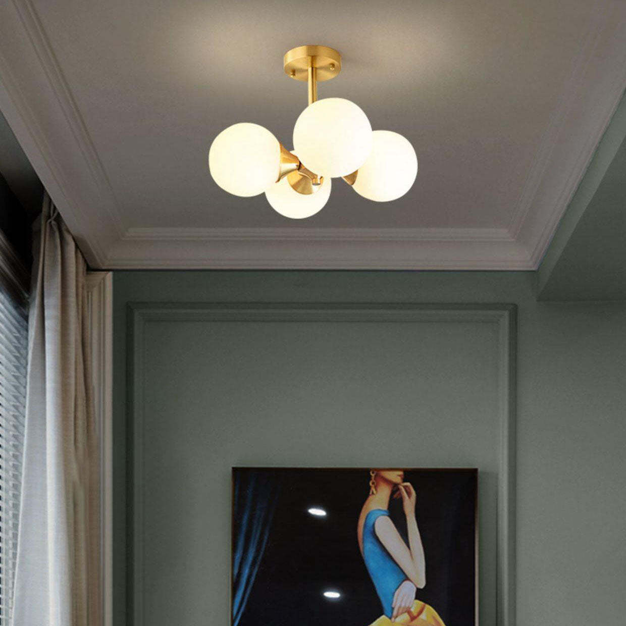 Mid-Century Gold Glass Globe Ball Chandelier