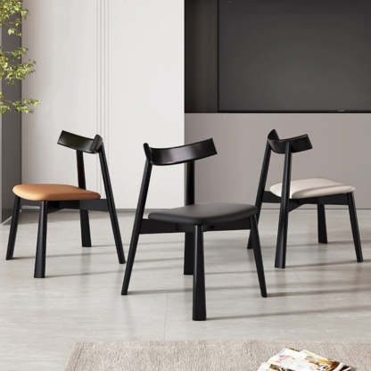 Nordic Upholstered Curved Leather Wood Dining Chair — Black