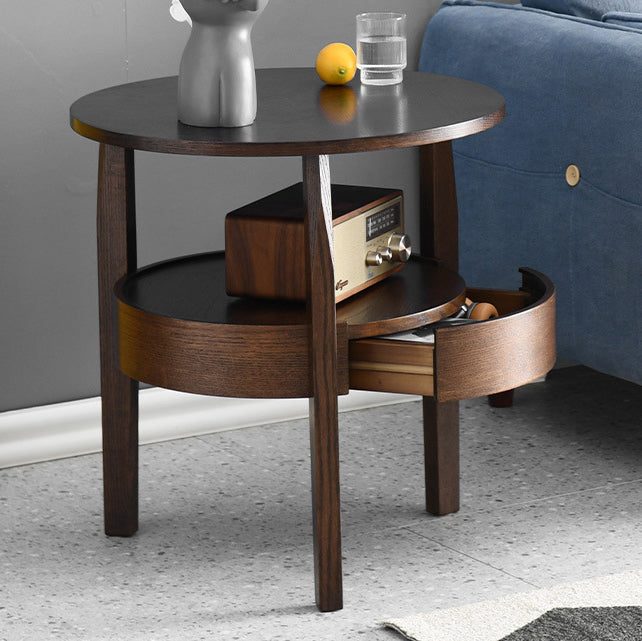 Retro Antique Oak Wood Circular End Table