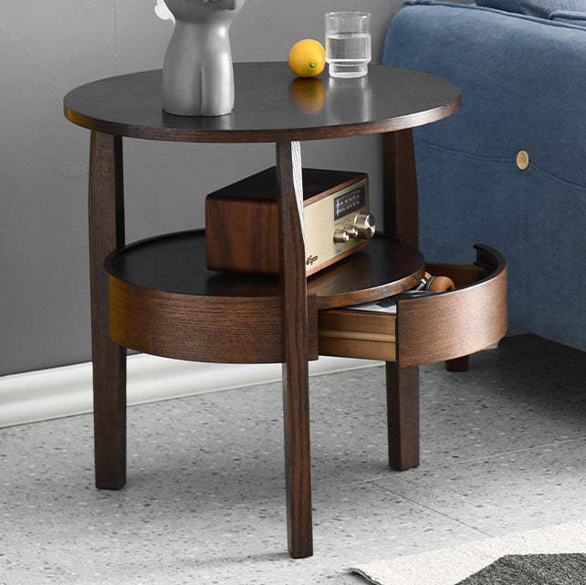 Retro Antique Oak Wood Circular End Table