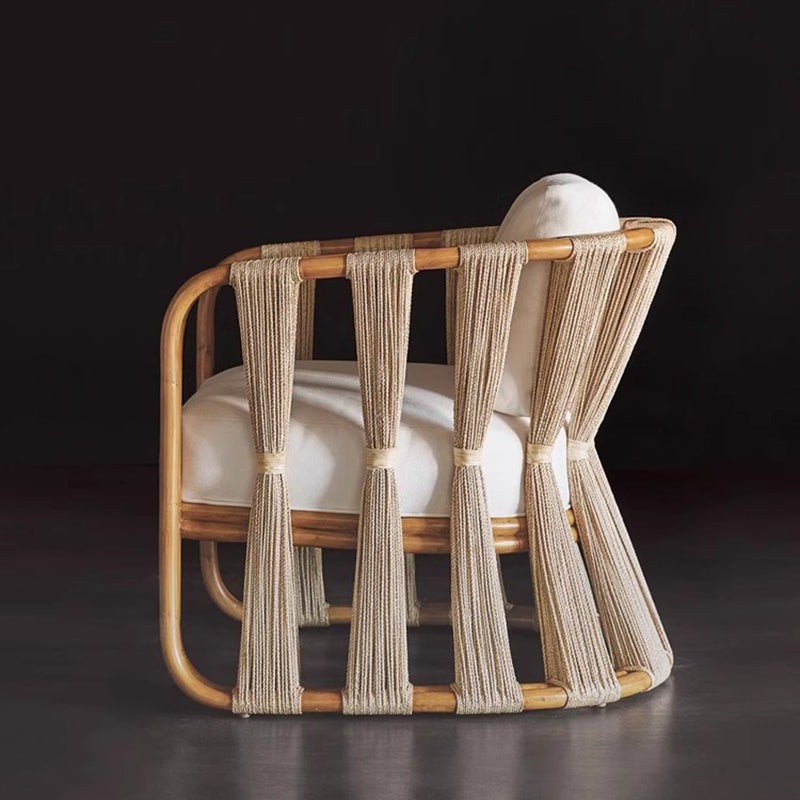 Scandinavian Wood Rattan Fabric Armchair