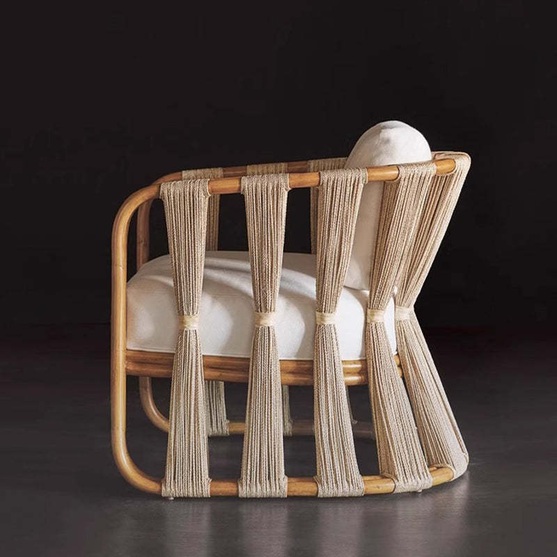 Scandinavian Wood Rattan Fabric Armchair