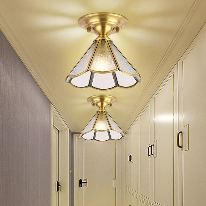 European Brass Glass Cone Ceiling Light