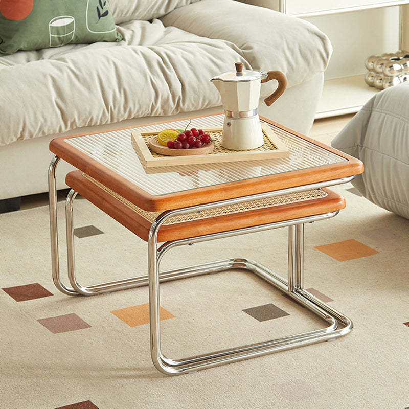 Nordic Square Glass Rattan Nesting Coffee Table
