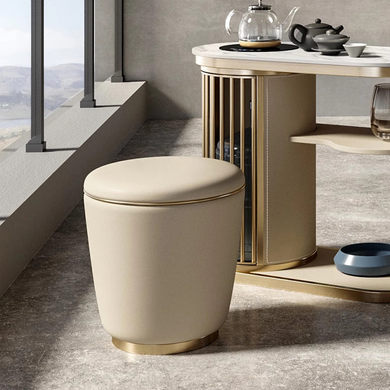 Contemporary Minimalist Leather Round Vanity Stool — Gray