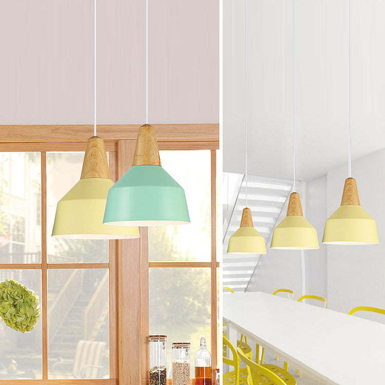 Minimalist Cone Trapezoid Iron Wood Pendant Light — Blue / 110V-120V For US/CA