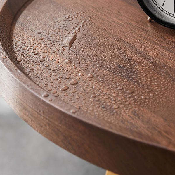 Minimalist Walnut Grain Round Tray End Table — Imitation Marble Black + Black Frame