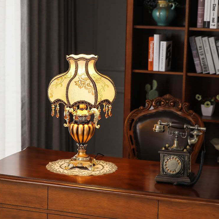 European Vintage Fabric Beaded Resin Base Palace Table Lamp — Dimmer Switch / 220V-240V For UK/AU