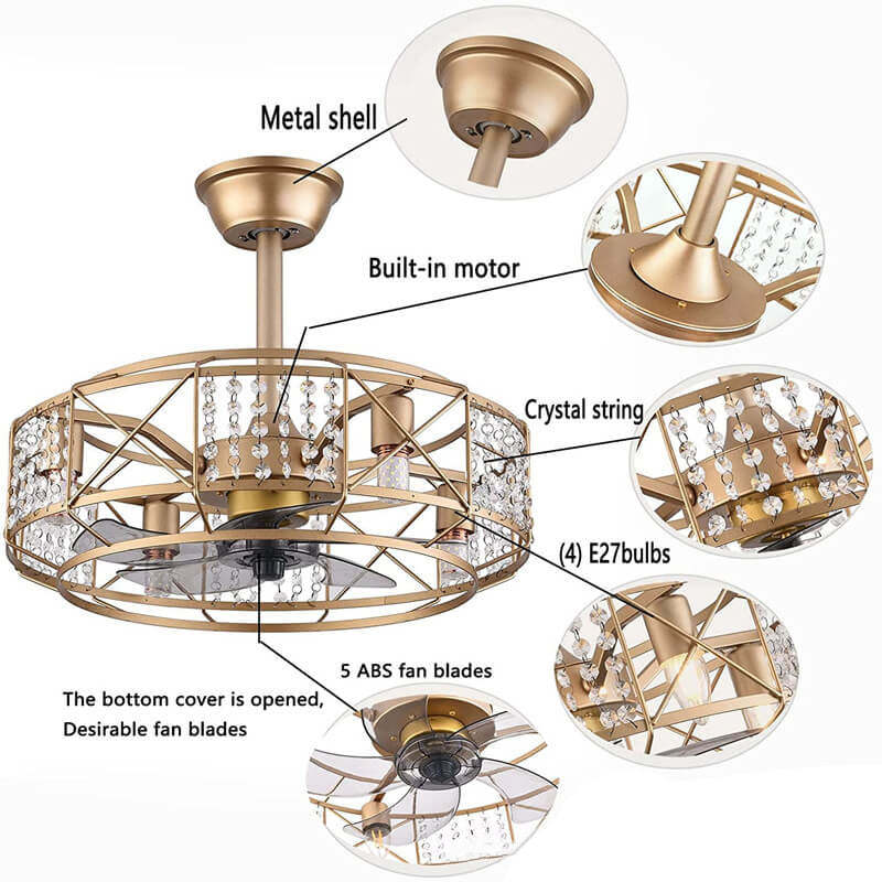 Modern Gold Drum Crystal 4-Light Ceiling Fan Light