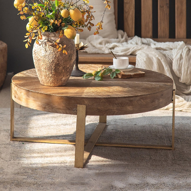 Vintage Distressed Wood Iron Cross-Leg Coffee Table