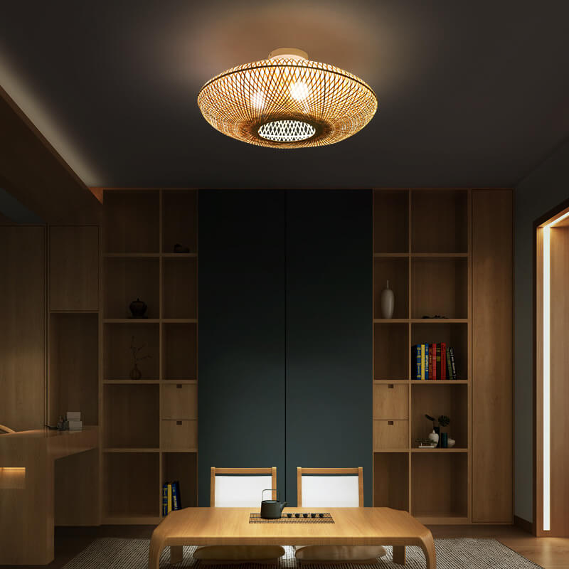 Japanese saucer flying oak semi-flush mount light in bamboo — 220V-240V (UK/AU