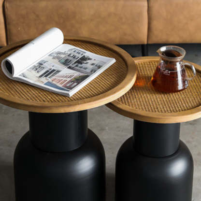 Vintage Round Rattan Iron Wood Coffee Table