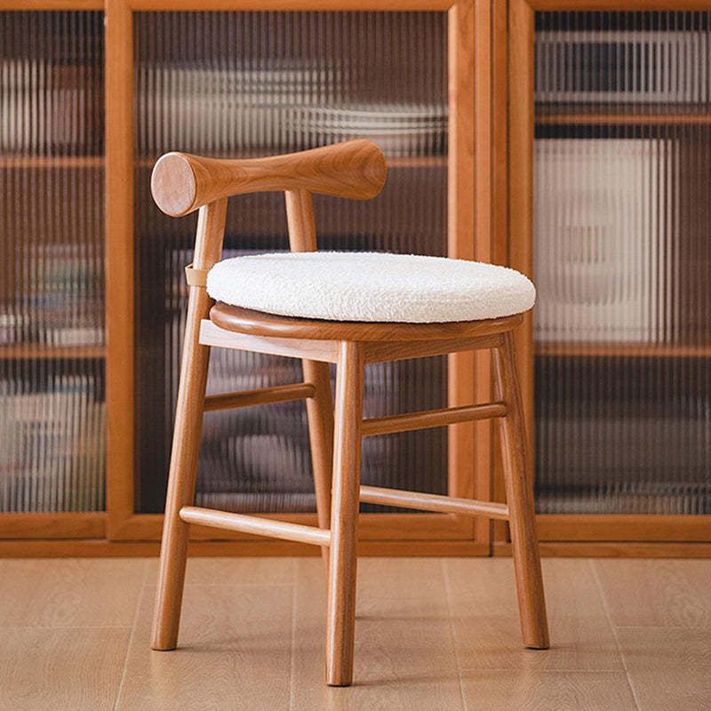 Modern Wood Lambswool Round Vanity Stool — With Lambswool Cushion