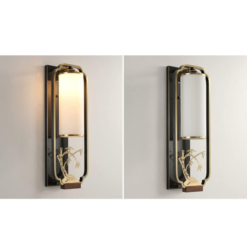 Modern Chinese Copper Glass Column Ring Sconce — Iron / Bamboo / 110V-120V For US/CA