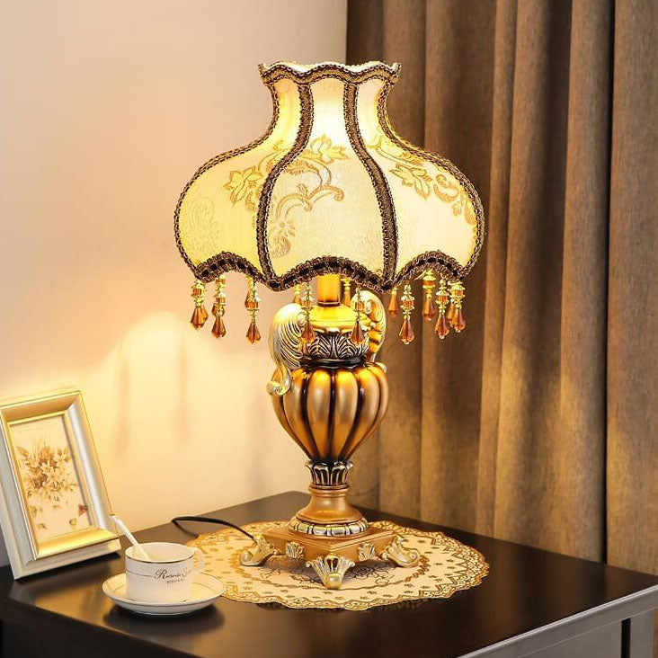 European Vintage Fabric Beaded Resin Base Palace Table Lamp — Push Button Switch / 110V-120V For US/CA