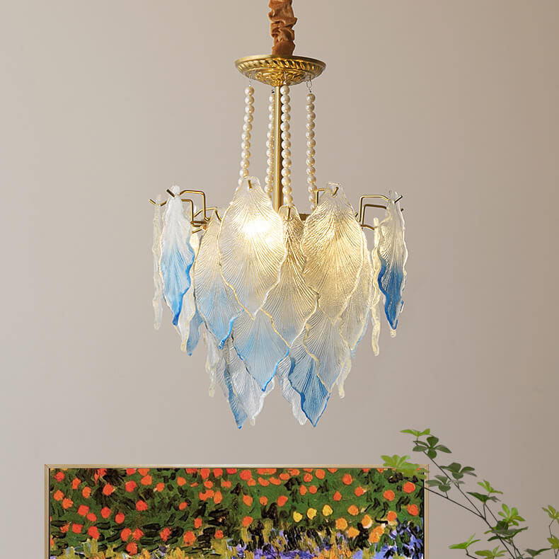 French Tree Leaf Pearl Iron Copper Glass Chandelier