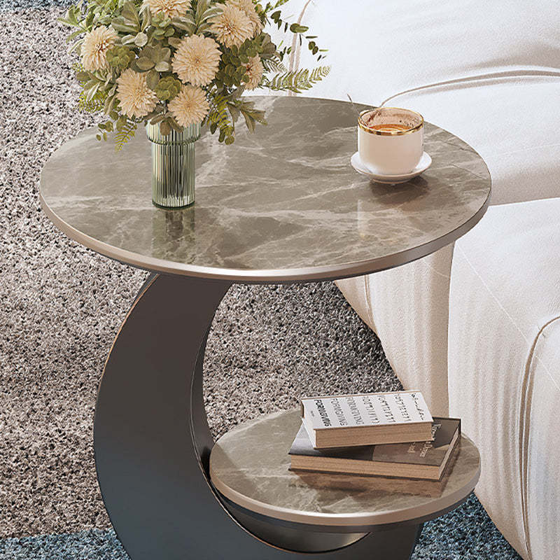 Minimalist Round Iron Slate 2-Tier Coffee Table