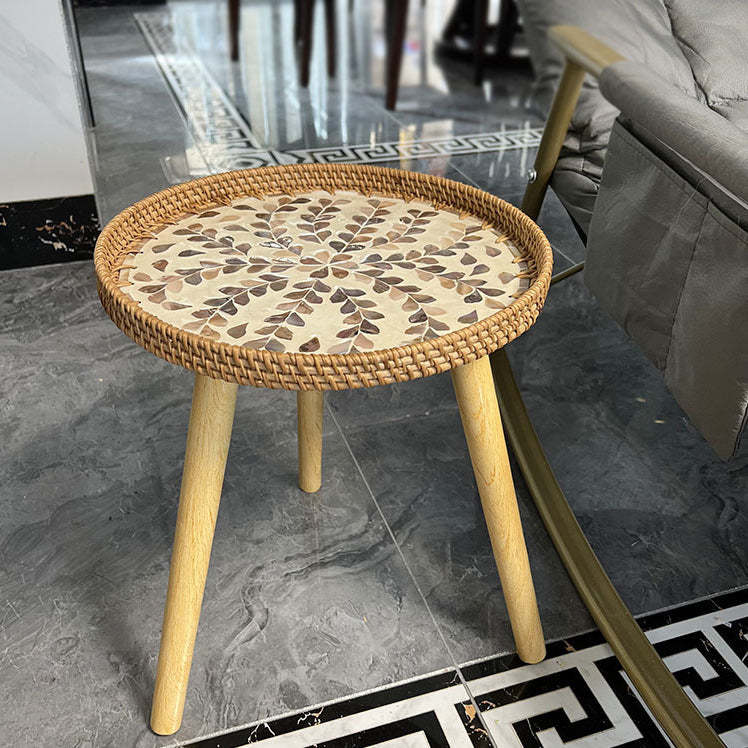 Rustic Handmade Shell Wood Rattan Side Table