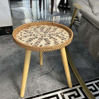 Rustic Handmade Shell Wood Rattan Side Table