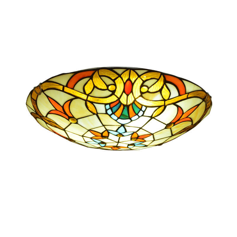 European Tiffany Baroque Round Stained Glass Flush Light