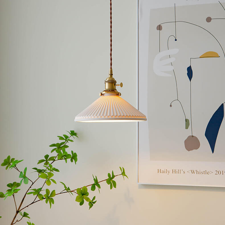 Japanese Pleated Ceramic Cone Brass Pendant Light