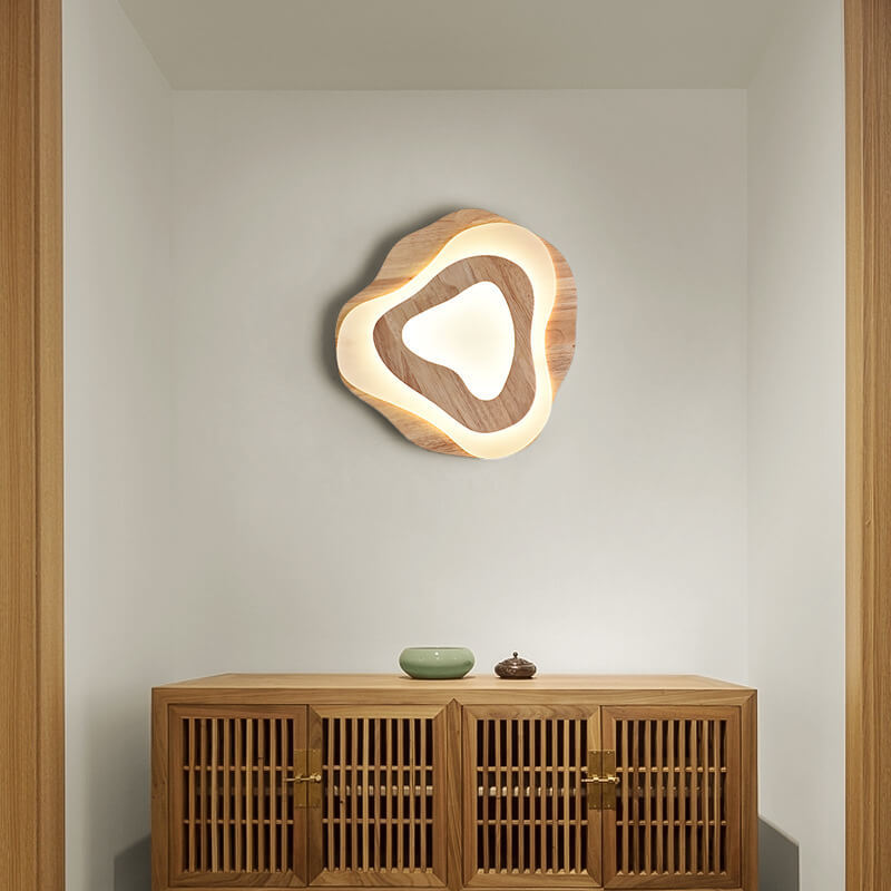 Modern Chinese Solid Wood Textured Geometric LED Flush Light