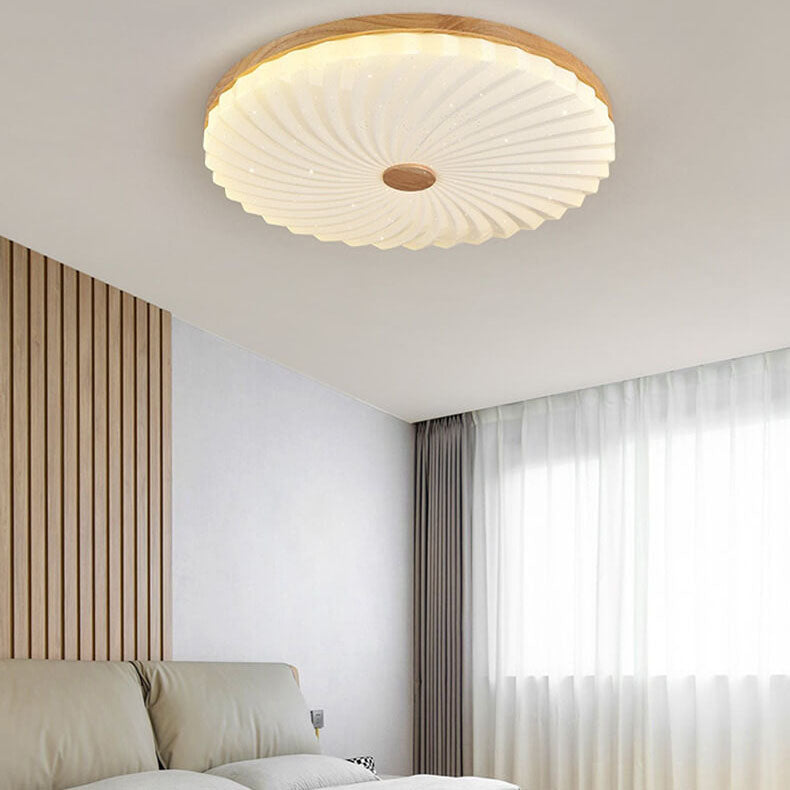 Modern Wood Pleated Star Round LED Flush Mount Light