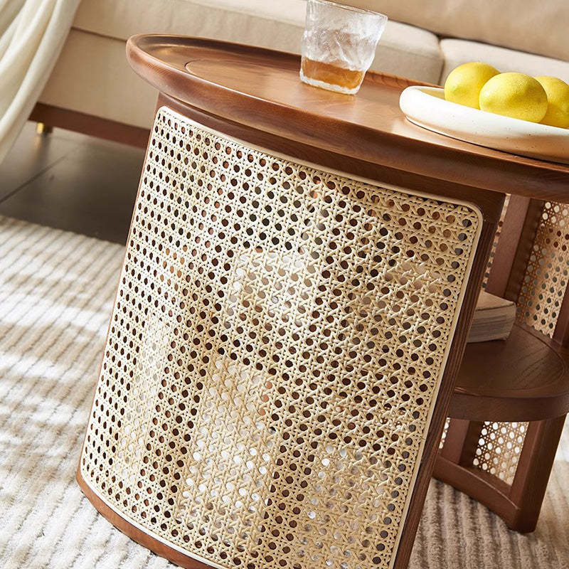 Japanese Rattan Wood Marble 2-Tier Coffee Table