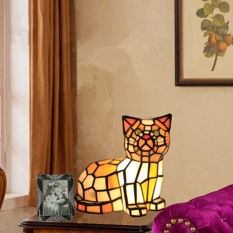 Traditional Tiffany Stained Glass Cat Table Lamp