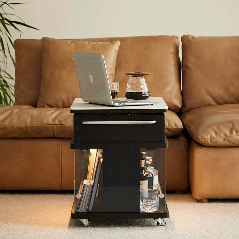 Minimalist Wood Glass Lift-Top End Table 3-Storage